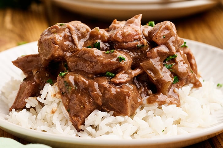 Slow Cooker Beef Tips on Rice.