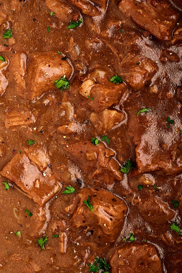 Slow Cooker Beef Tips and Rice in slow cooker.
