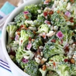 Bacon and Blue Broccoli Salad in a while bowl.