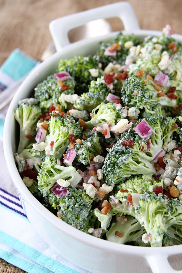 Bacon and Blue Broccoli Salad in a while bowl.