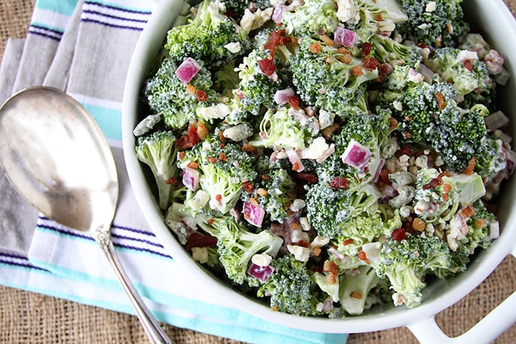 Bacon and Blue Broccoli Salad in a white bowl.