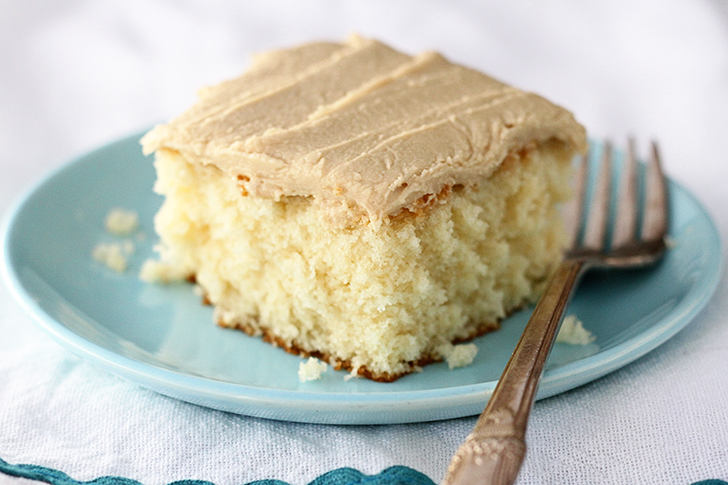 Easy Caramel Sheet Cake on blue plate.