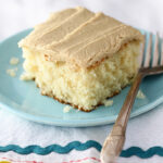 Easy Caramel Sheet Cake on a blue plate.