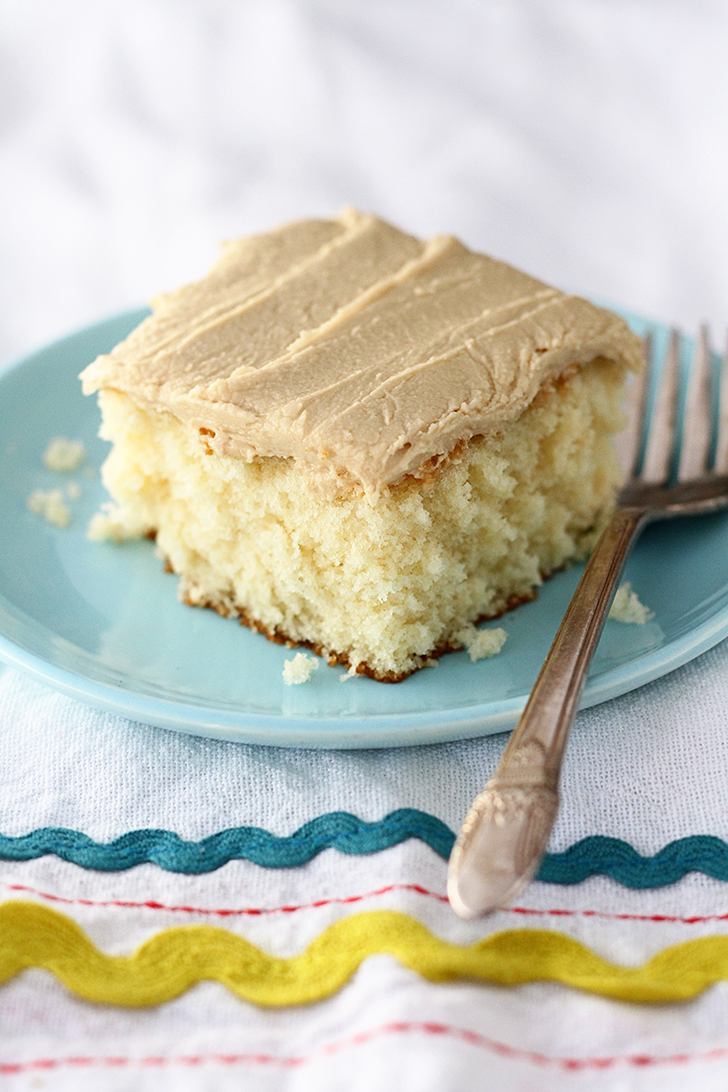 Easy Caramel Sheet Cake on a blue plate.