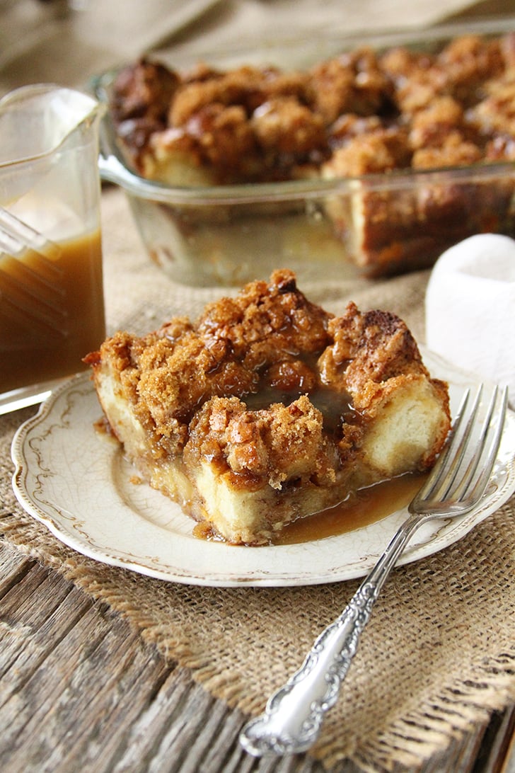 Slice of bread pudding with caramel sauce.