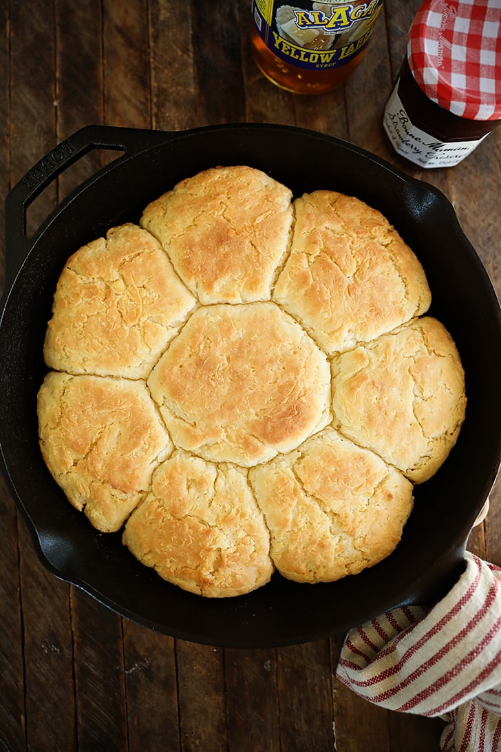 Biscuits in a cast iron skillet.