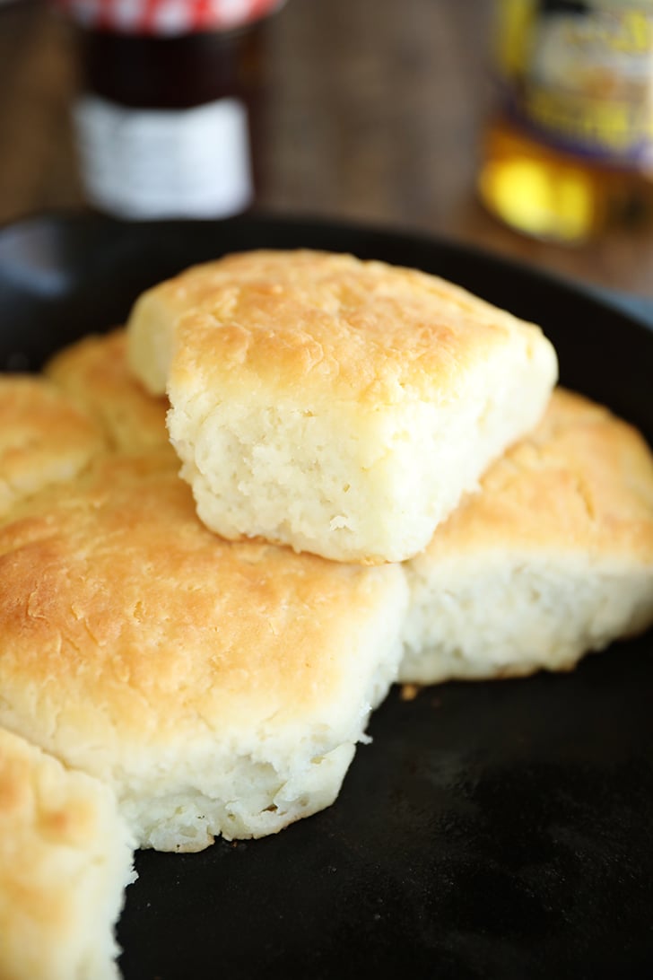 Biscuits in a cast iron skillet.