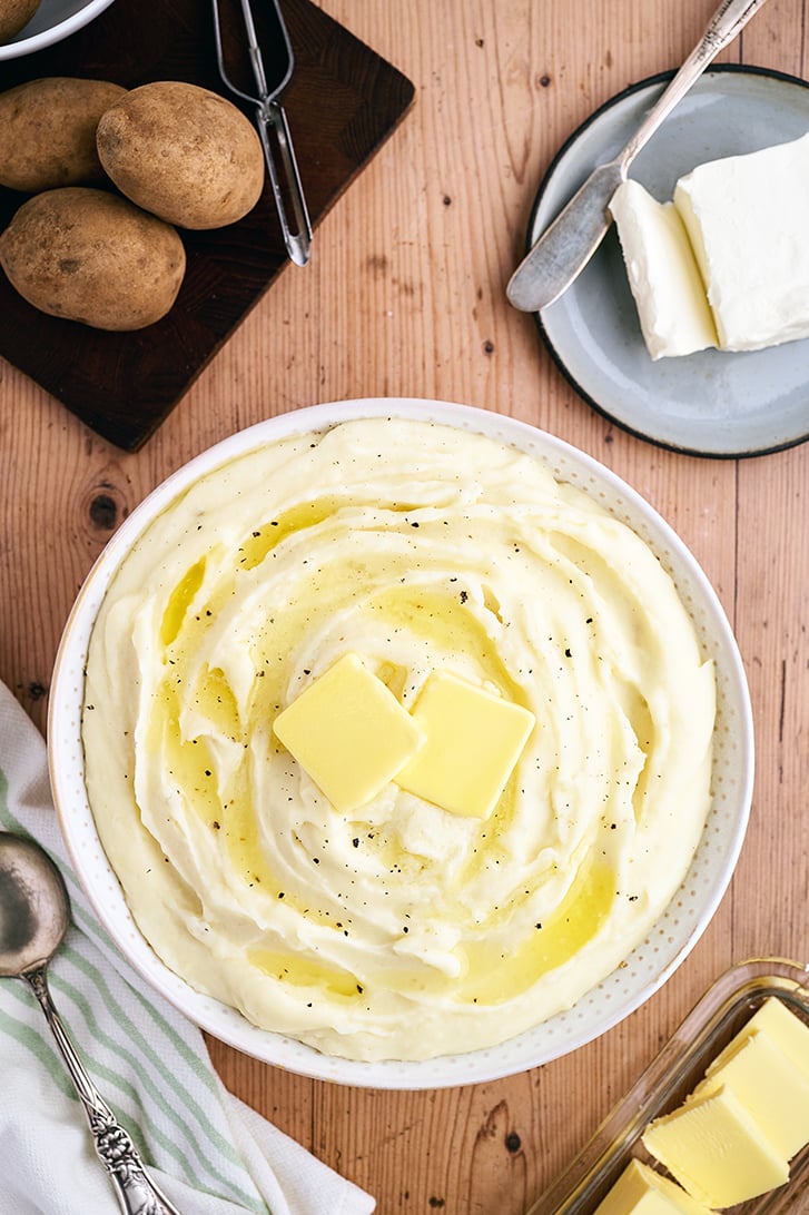 Overhead view of Cream Cheese Mashed Potatoes in bowl.