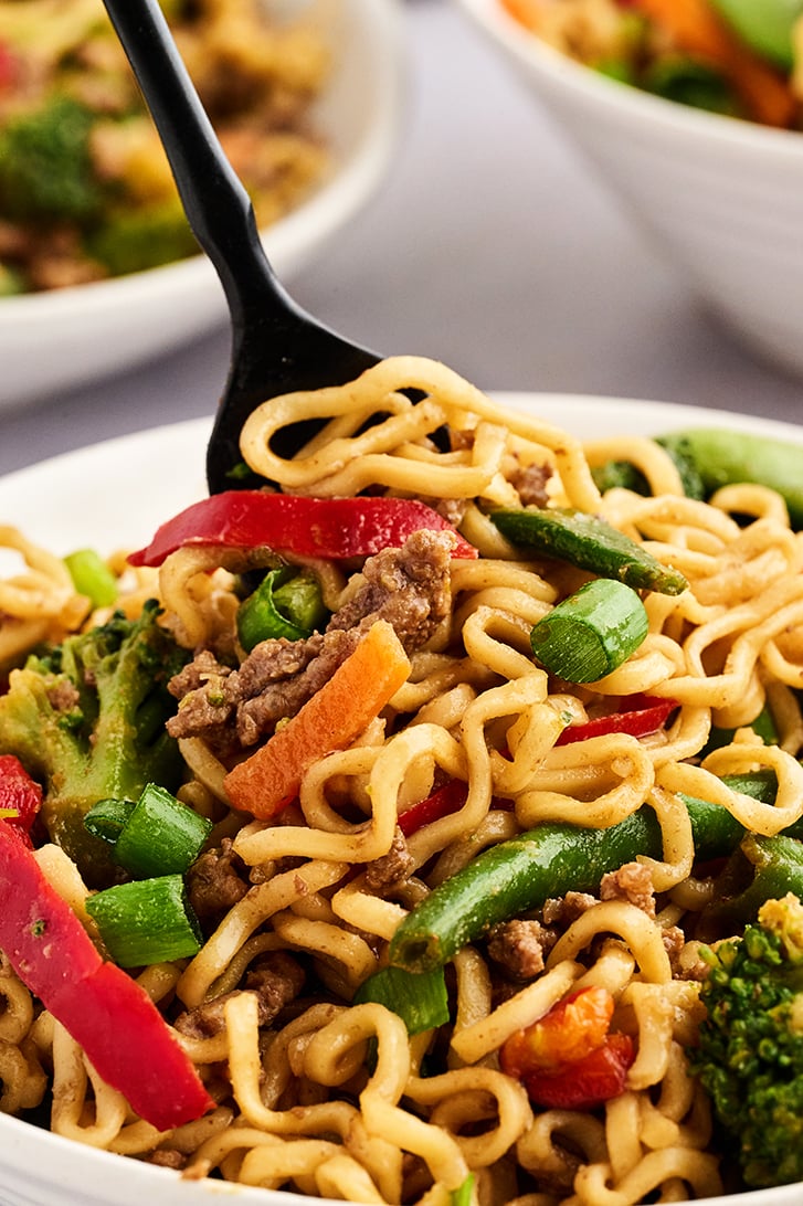 Forkful of Easy Beef Ramen Skillet.
