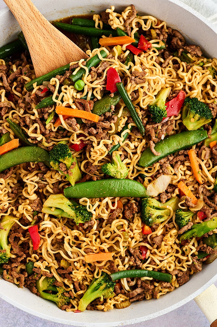 Overhead view of Easy Beef Ramen Skillet.