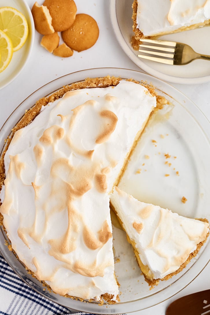 Overhead view of sliced Lemon Icebox Pie.