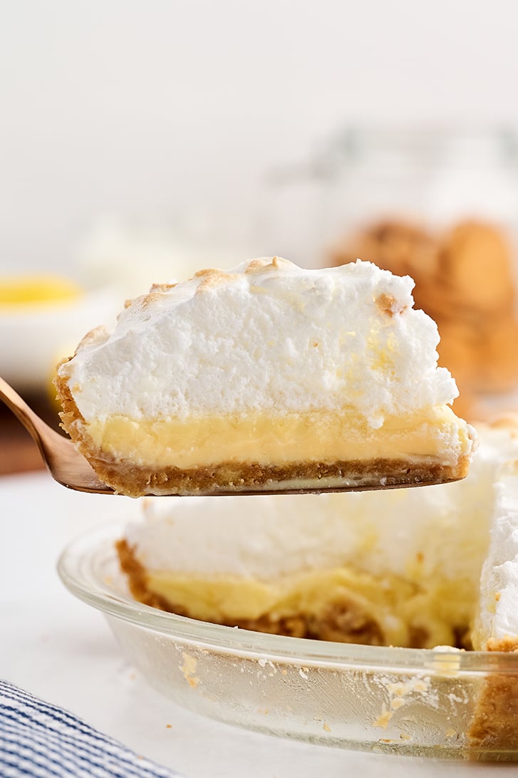 Slice of Lemon Icebox Pie on a pie server.