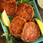 Old Fashioned Salmon Patties on a platter.