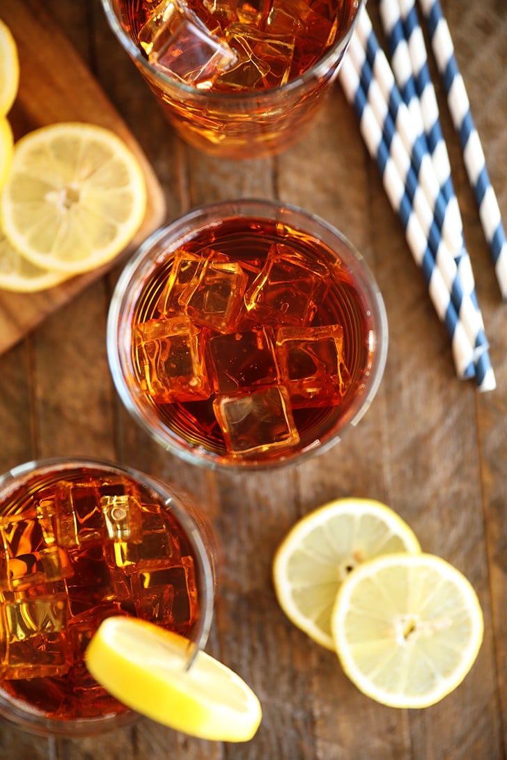 Overhead view of glasses of tea.