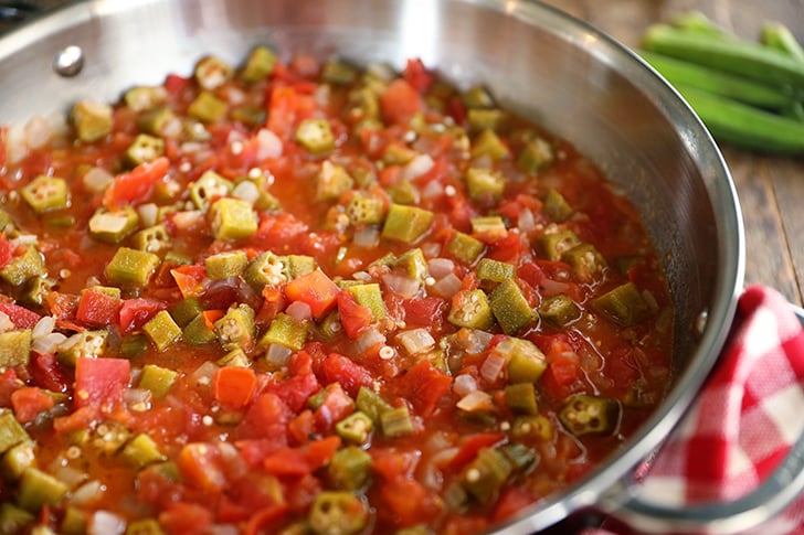 Okra and Tomatoes in a skillet.