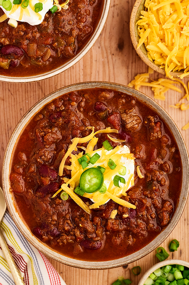 Overhead view of Slow Cooker Chili in bowl.