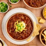 Overhead view of Slow Cooker Chili in bowl.