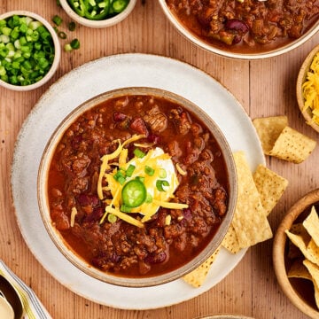Overhead view of Slow Cooker Chili in bowl.