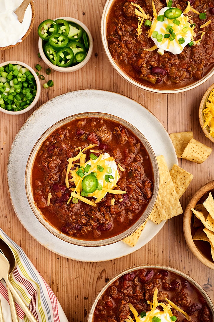Overhead view of Slow Cooker Chili in bowl.