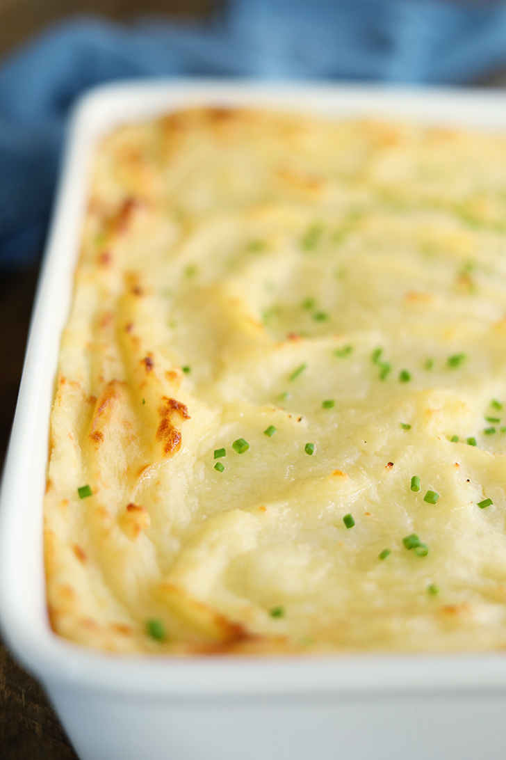 Closeup of Baked Mashed Potatoes.