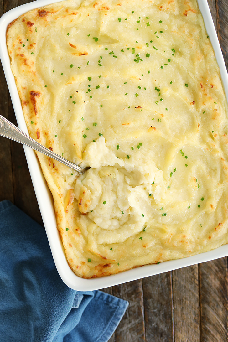 Overhead view of Baked Mashed Potatoes.
