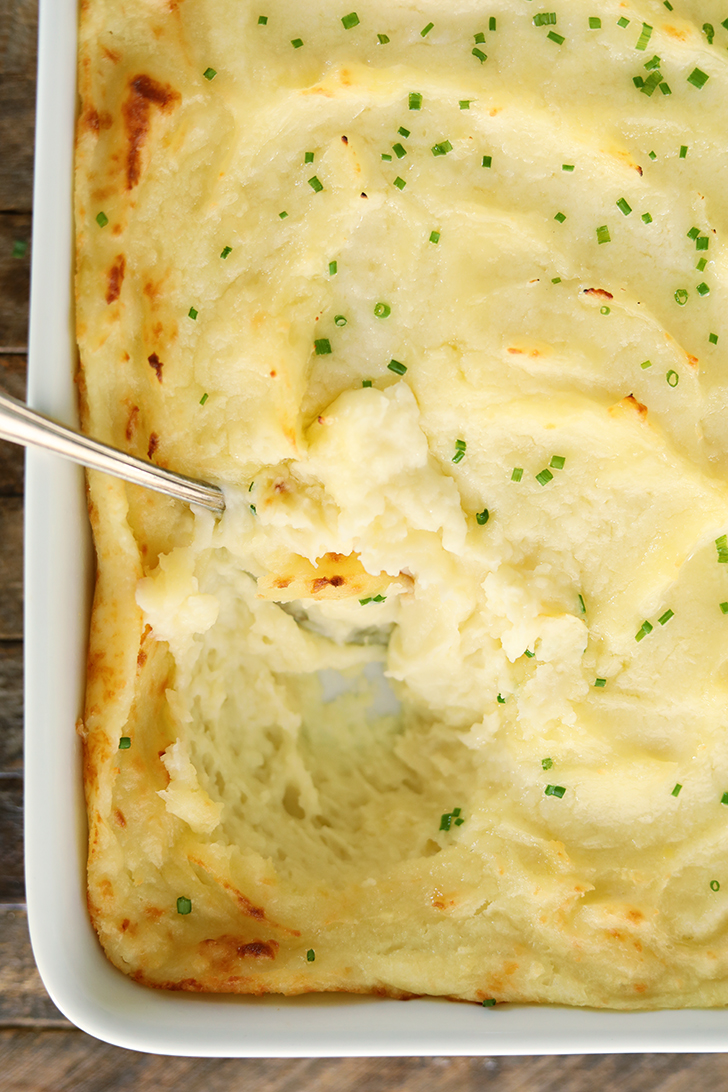Overhead view of Baked Mashed Potatoes.