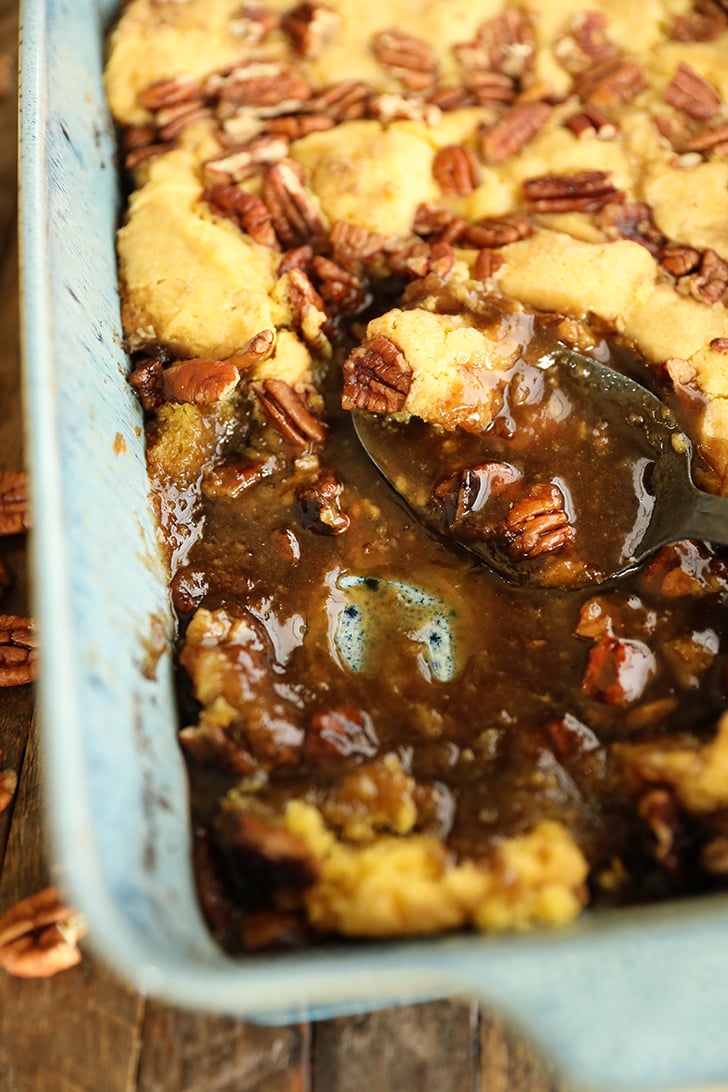 Pecan pie goo in baking dish.