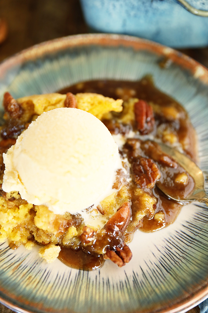 Pecan Pie Cobbler with scoop of ice cream.
