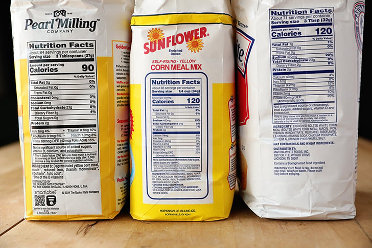 Ingredient labels on cornmeal bags.