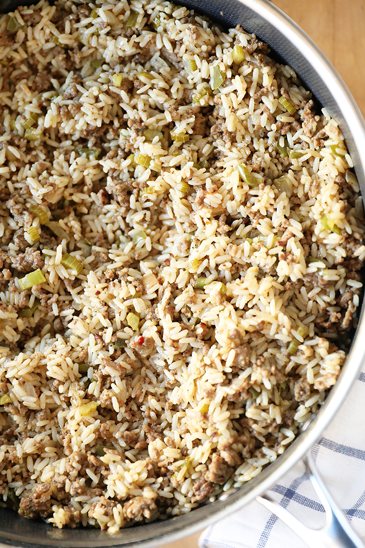 Shortcut Dirty Rice in a skillet.