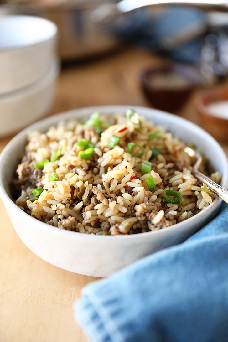 Bowl of Shortcut Dirty Rice.
