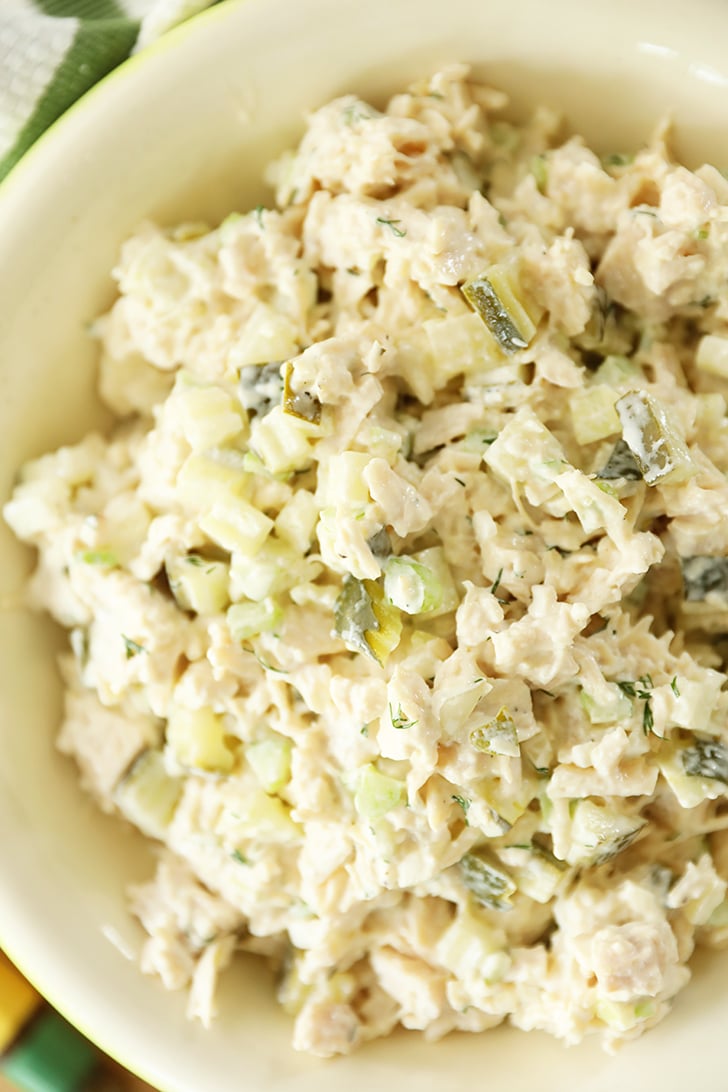 Dill Pickle Chicken Salad in a white bowl
