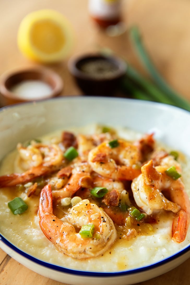 Shrimp and sauce over grits.