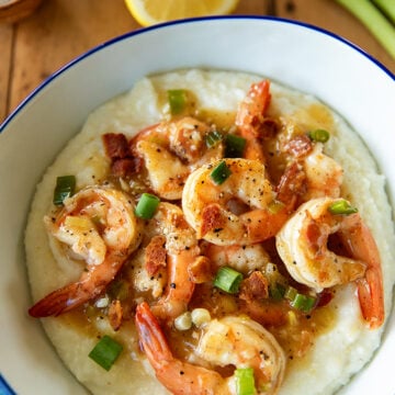 Shrimp and sauce over grits.