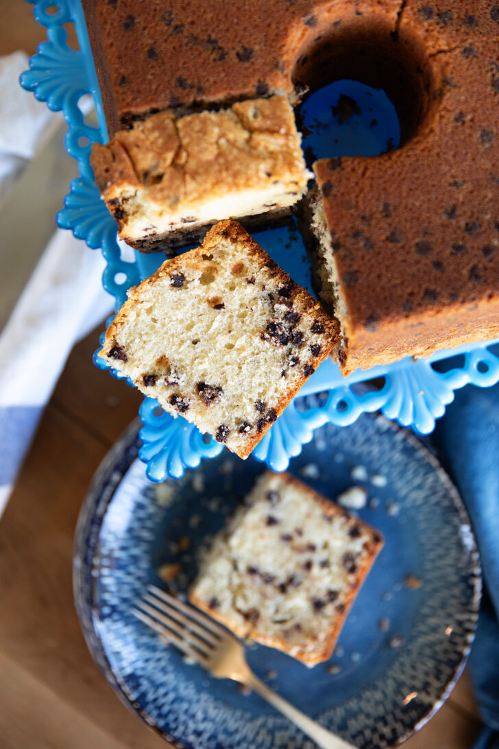 Sliced Chocolate Chip Pound Cake on a blue cake plate.
