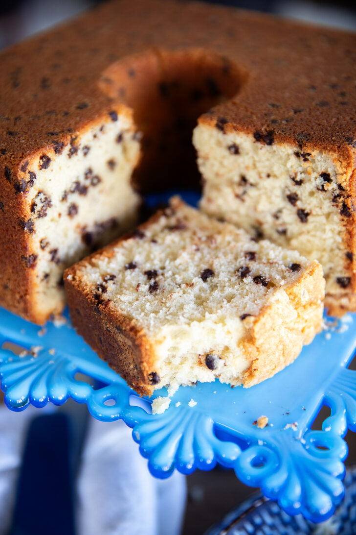 Sliced Chocolate Chip Pound Cake on a blue cake plate.